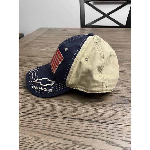 Chevrolet American Flag Blue Tan Hat Trucker Tacky Back Adjustable Cap EUC LNC - Picture 2 of 8